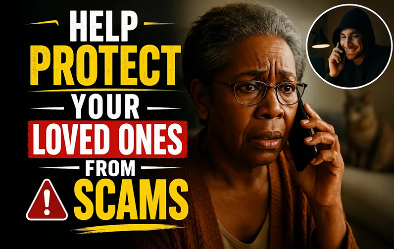 Youtube thumbnail of older woman receiving a scam call.